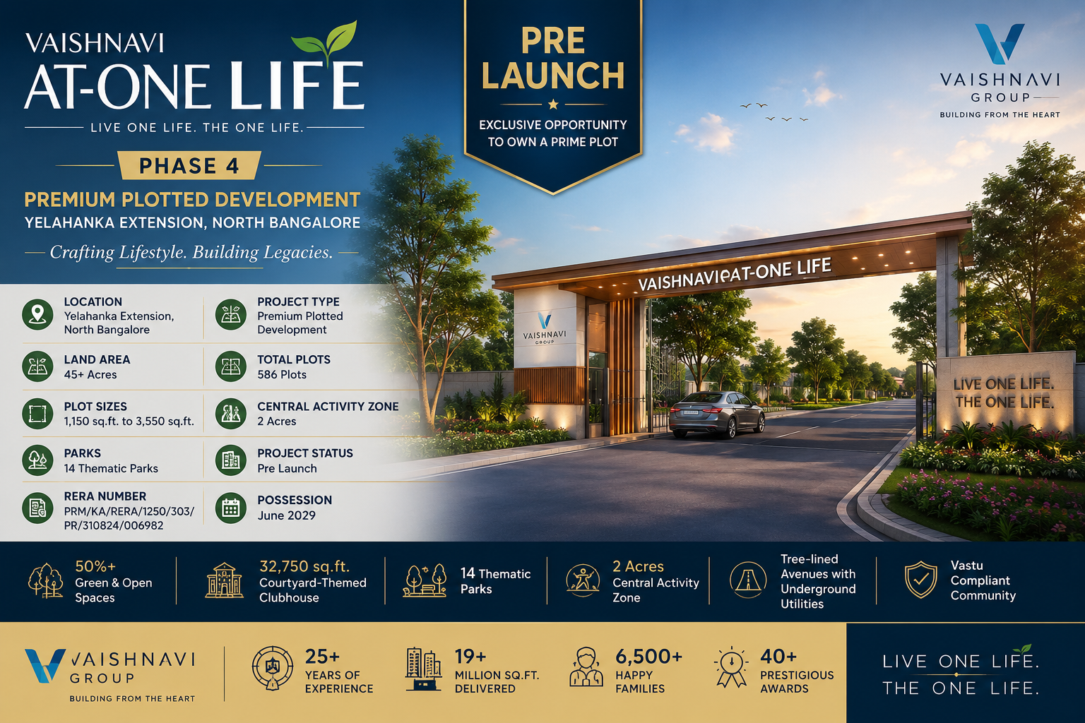 Aerial view of Vaishnavi AT-One Life Phase 4 premium plotted development with lush greenery and modern infrastructure