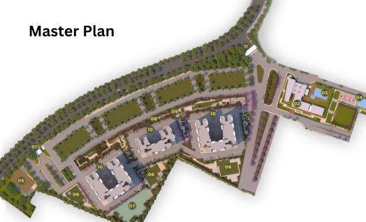 Master layout plan of Prestige Huyilalu showing tower and amenity spaces